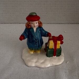 Vintage Ceramic Christmas Girl Figurine Blue Plaid Coat Red Beret with Gifts